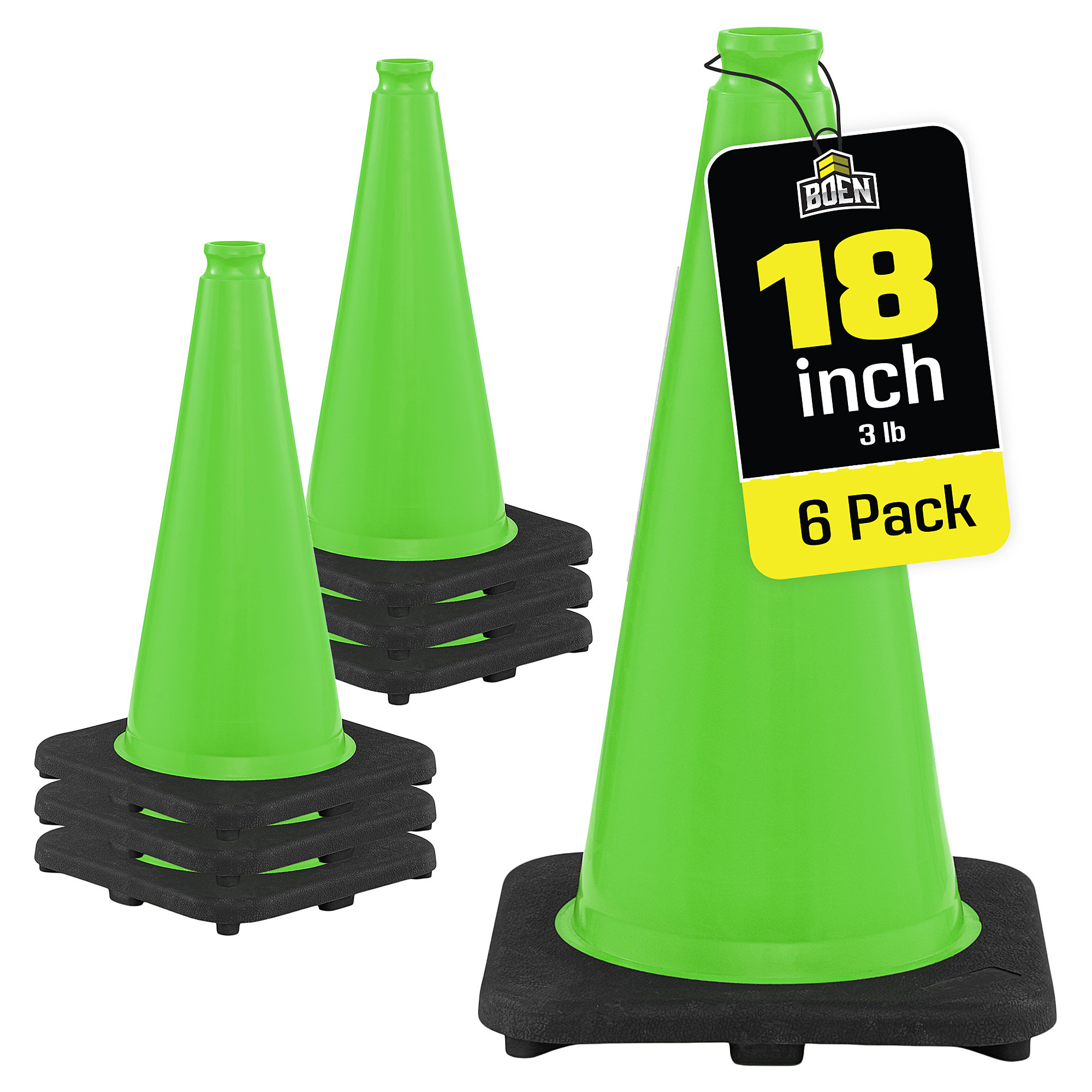 Boen 18 in, Lime Green Traffic Cone, 6-Pack, High-Visibility Safety Cones with Heavy-Duty Base for Parking, Events & Traffic Control
